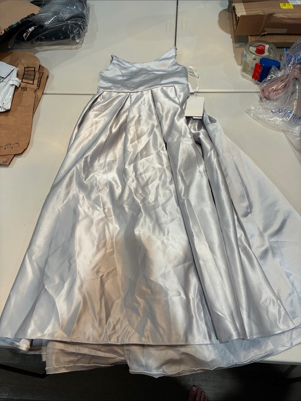 Silver Satin Girls Formal Dress with Straps
